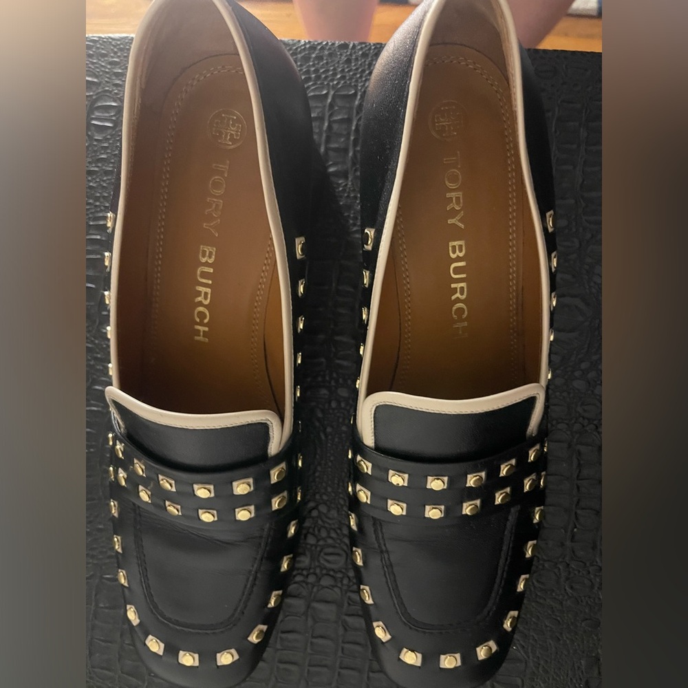 Tory Burch Black, Cream & Gold Studded Loafersl - Picture 9 of 9